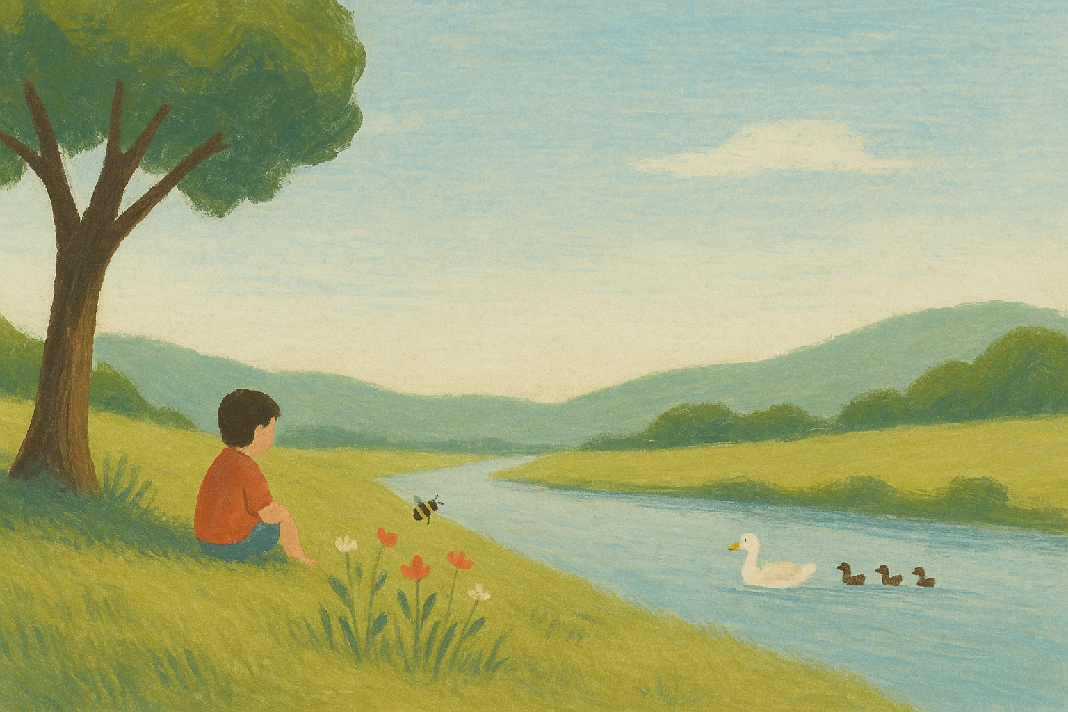 Child sitting under a tree watching a bee by a river in summer — Summer is a Sunnah